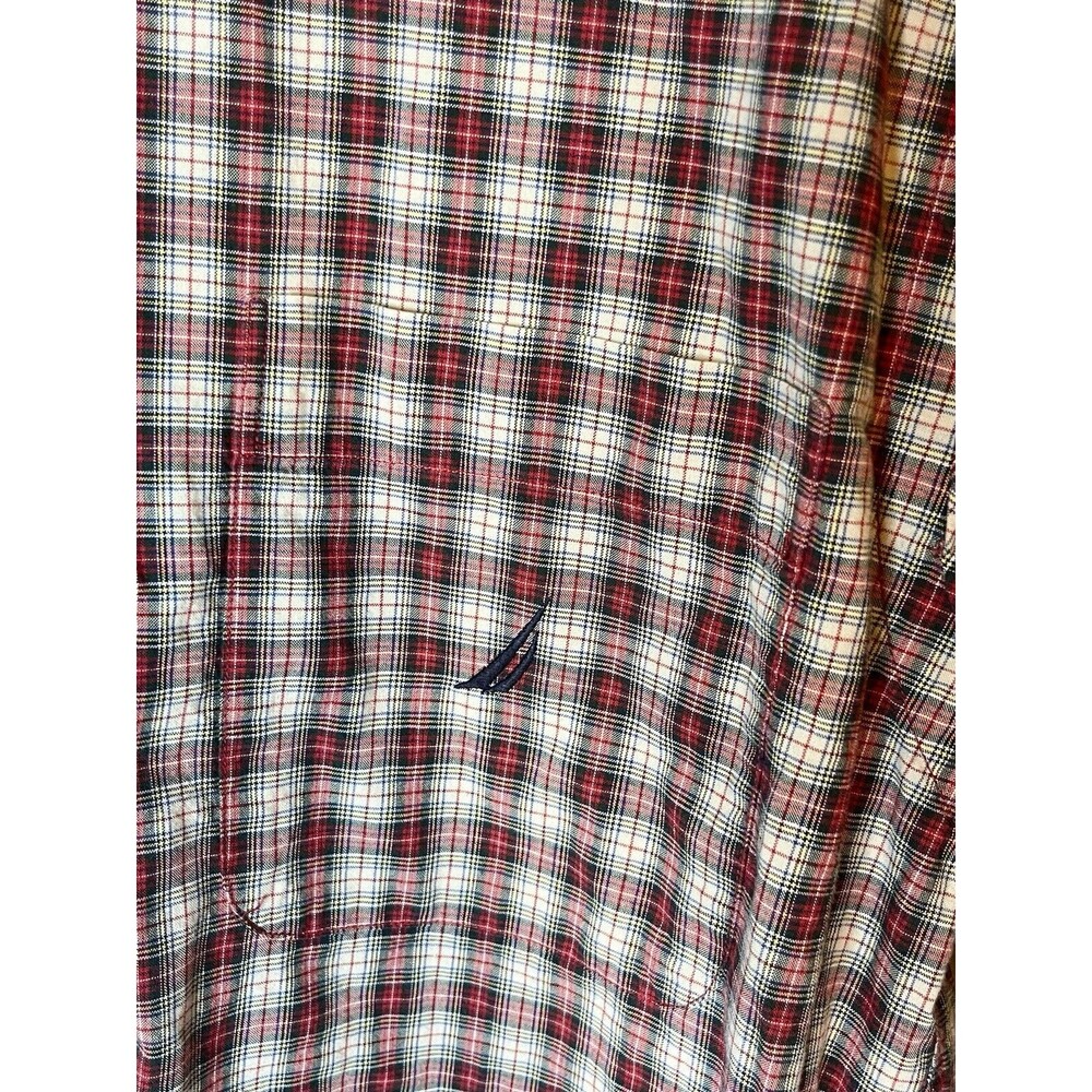 Nautica Mens Medium Red Plaid Long Sleeve Button Up Shirt W/ Pocket Used - Picture 2 of 6